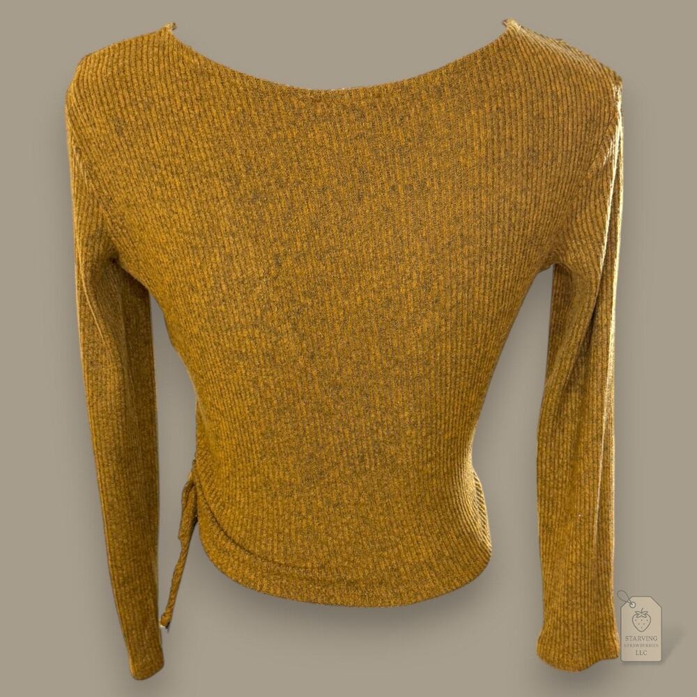 Mustard Ribbed Wrap Sweater Juniors' M | Deep V-Neck Side Tie - Picture 4 of 5